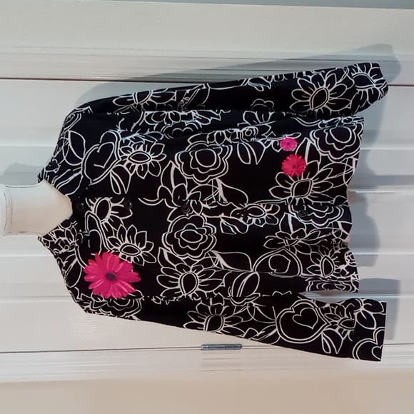 Krazy Kat Women's Long Sleeve Button Front Floral Print Top Size XL Blk/Wht/Pink - Picture 1 of 13